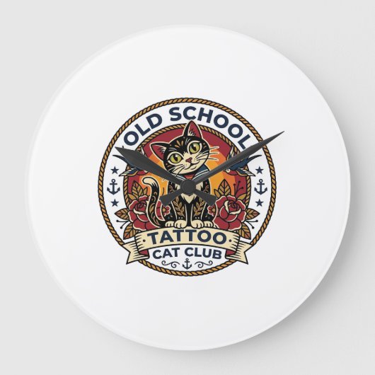 Oude School Tattoo Kat Cute Kitty Ontwerp - Oude S Grote Klok (Voorkant)