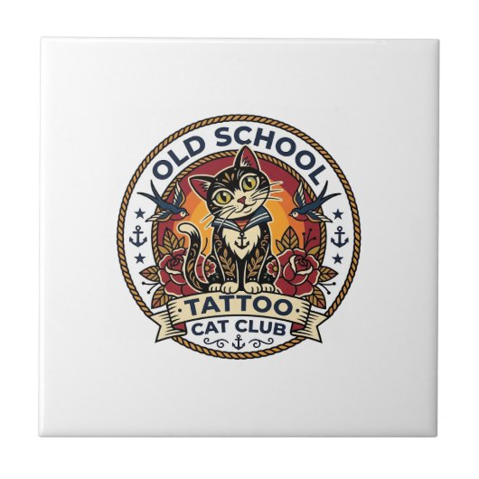 Oude School Tattoo Kat Cute Kitty Ontwerp - Oude S Tegeltje (Voorkant)