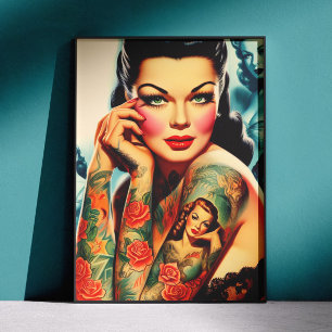 Oude School Tattoo Meisje Poster