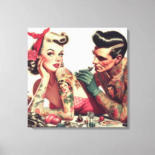  oude school Tattoo paar illustratie Canvas Afdruk (Voorkant)