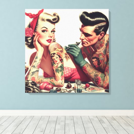  oude school Tattoo paar illustratie Canvas Afdruk (Insitu (Houten vloer))