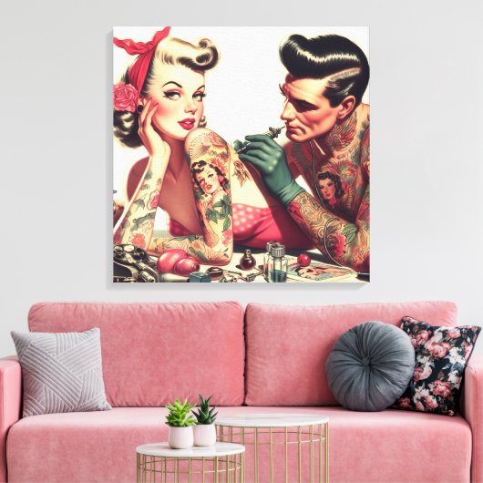 oude school Tattoo paar illustratie Canvas Afdruk (Insitu (Woonkamer))
