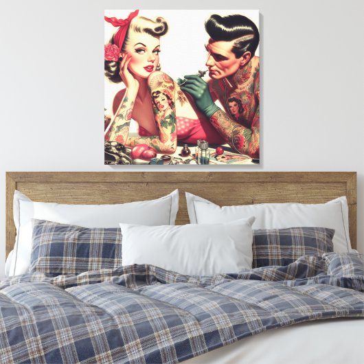  oude school Tattoo paar illustratie Canvas Afdruk (Insitu (Slaapkamer))