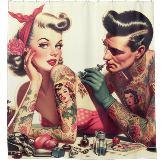  oude school Tattoo paar illustratie Douchegordijn (Voorkant)