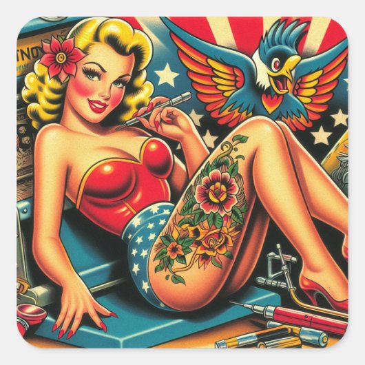 oude school tatttoo pin up vierkante sticker (Voorkant)