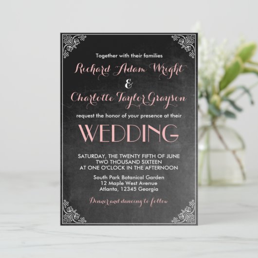 Oude schoolbord roze grijze trouwuitnodiging kaart (Staand voorkant)