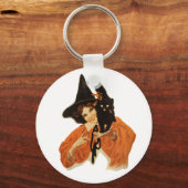 Oude Schoonheid Heks met Zwarte Kat op Schouder Sleutelhanger (Voorkant)