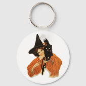 Oude Schoonheid Heks met Zwarte Kat op Schouder Sleutelhanger (Achterkant)