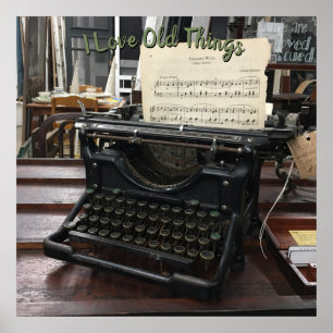 Oude schrijfmachine en papiermuziek poster