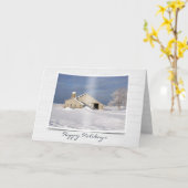 Oude schuur in de winter op hout kaart (Gele Bloem)