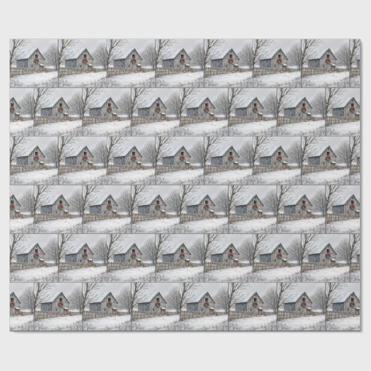 Oude schuur met kerstkrans cadeaupapier (Vlak)