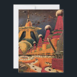 Oude Science Fiction Stad Housewarming Feestje Kaart<br><div class="desc">Makkelijk aan te passen uitnodiging voor een housewarmingfeestje, voeg gewoon je informatie toe! Illustratie in vintage stijl van reizen en transport sciencefiction afbeelding met een klassieke retro sciencefiction stadsomgeving met een stad van de toekomst. De architectonische gebouwen zijn gevormd als kegels en voertuigen vliegen door de lucht als vogels terwijl...</div>