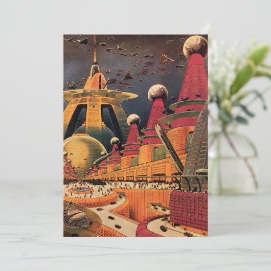 Oude Science Fiction Stad Housewarming Feestje Kaart (Staand voorkant)