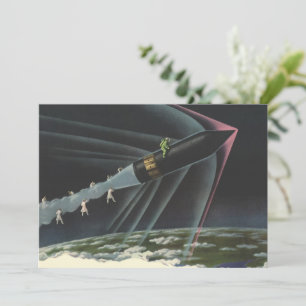 Oude sciencefiction-astronaut rijdt op een raket