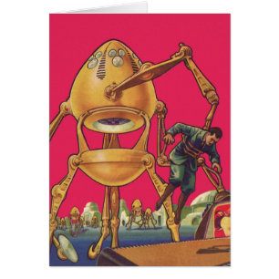 Oude sciencefiction buitenaardse robot vangt man