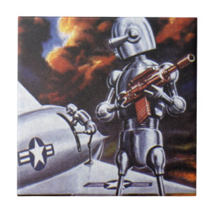 Oude Sciencefiction Militair Robot Soldaten Tegeltje