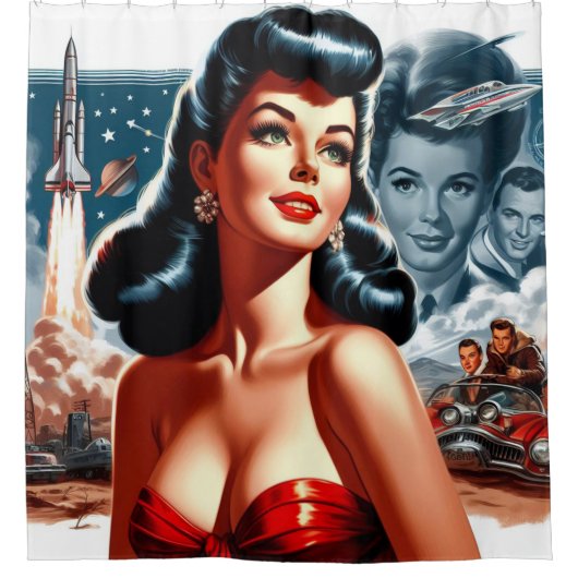 Oude Sciencefiction Pin-up Douchegordijn (Voorkant)