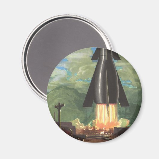 Oude sciencefiction, raket die van de aarde opstij magneet (Voorkant / Achterkant)