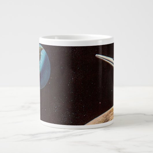 Oude sciencefiction, raket over de maan grote koffiekop (Voorkant)