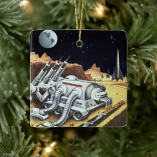 Oude sciencefiction, ruimtestation op de maan keramisch ornament