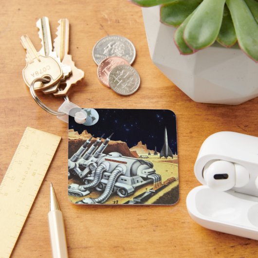 Oude sciencefiction, ruimtestation op de maan sleutelhanger (Bureau)