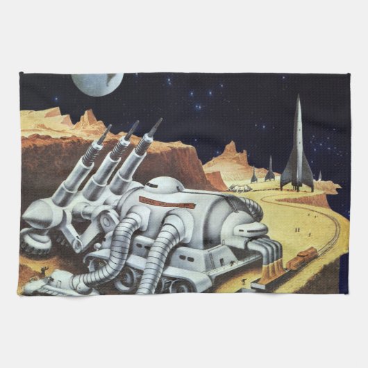Oude sciencefiction, ruimtestation op de maan theedoek (Horizontaal)