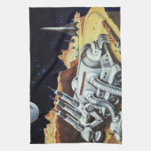 Oude sciencefiction, ruimtestation op de maan theedoek (Verticaal)