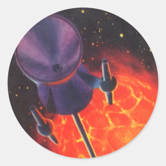 Oude Sciencefiction, Sci-Fi Raket, Rode Planeet Ronde Sticker (Voorkant)