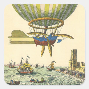 Oude sciencefiction-stoomtijdperk hete luchtballon vierkante sticker