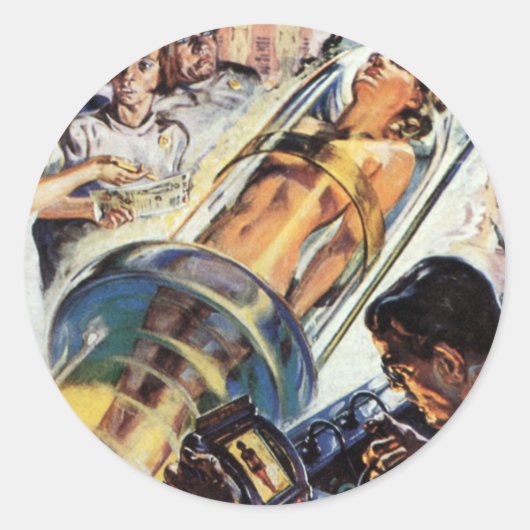 Oude sciencefiction, vrouw labexperiment ronde sticker (Voorkant)