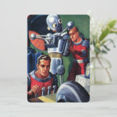 Oude sciencefictionastronauten repareren een robot (Staand voorkant)