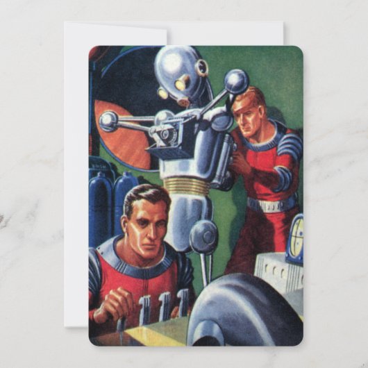 Oude sciencefictionastronauten repareren een robot (Voorkant)