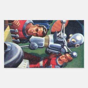 Oude sciencefictionastronauten repareren een robot rechthoekige sticker
