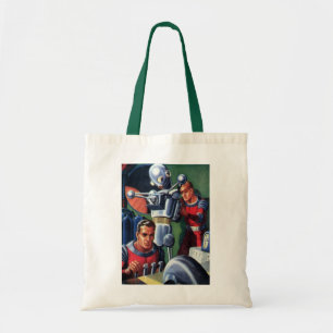 Oude sciencefictionastronauten repareren een robot tote bag