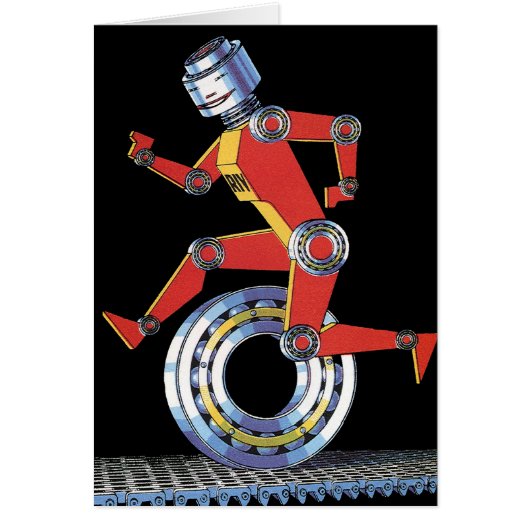 Oude sciencefictionrobot loopt met wiel (Voorkant)