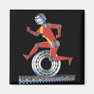 Oude sciencefictionrobot loopt met wiel magneet