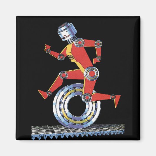 Oude sciencefictionrobot loopt met wiel magneet (Voorkant)