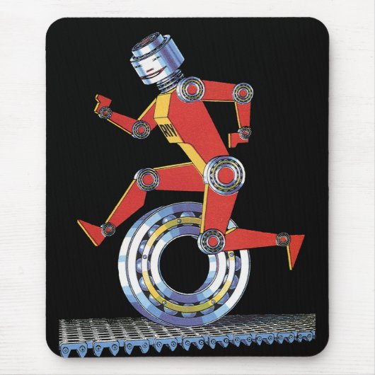 Oude sciencefictionrobot loopt met wiel muismat (Voorkant)