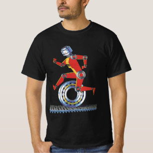 Oude sciencefictionrobot loopt met wiel t-shirt