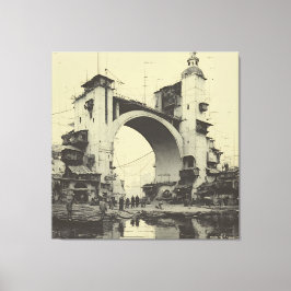Oude Sepia Boogbrug Markt langs de rivier Canvas Afdruk
