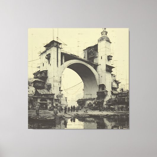 Oude Sepia Boogbrug Markt langs de rivier Canvas Afdruk (Voorkant)