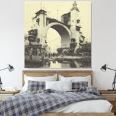 Oude Sepia Boogbrug Markt langs de rivier Canvas Afdruk (Insitu (Slaapkamer))