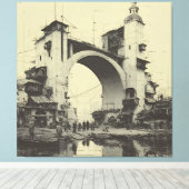 Oude Sepia Boogbrug Markt langs de rivier Canvas Afdruk (Insitu (Houten vloer))