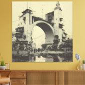 Oude Sepia Boogbrug Markt langs de rivier Canvas Afdruk (Insitu (Woonkamer))
