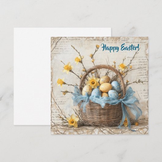 Oude shabby chic blauwe paaseieren in mandje feestdagenkaart (Voorkant / Achterkant)