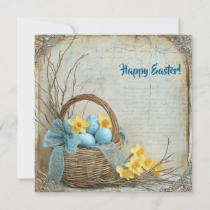 Oude shabby chic paaseieren in mand met narcis feestdagenkaart