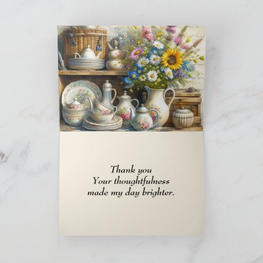 Oude shabby chic servies Theepot en wilde bloemen  Bedankkaart (Binnen)