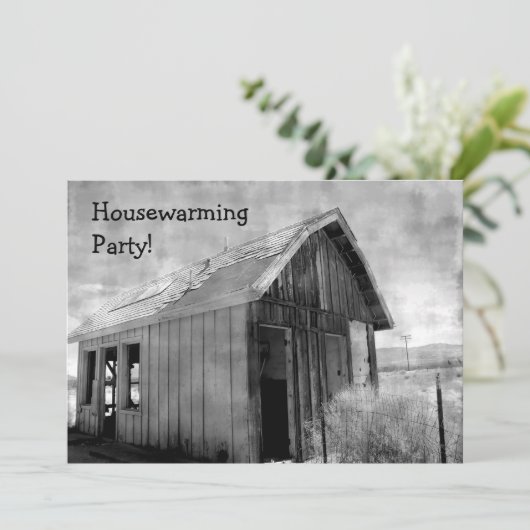 Oude shack housewarming party kaart (Staand voorkant)
