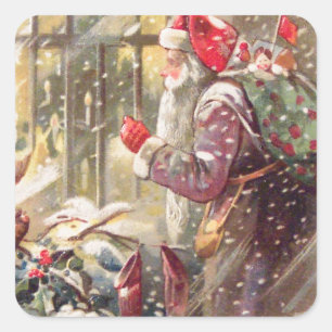 Oude Sint-Nicolaas met cadeaus in de sneeuwVintage Vierkante Sticker