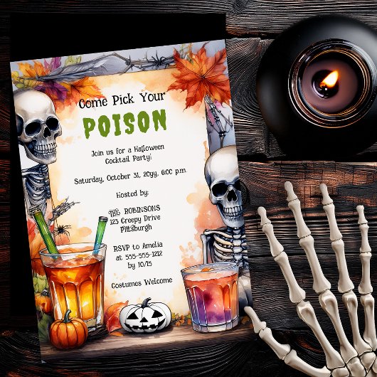Oude skelet giftige cocktail Halloween-feest Kaart